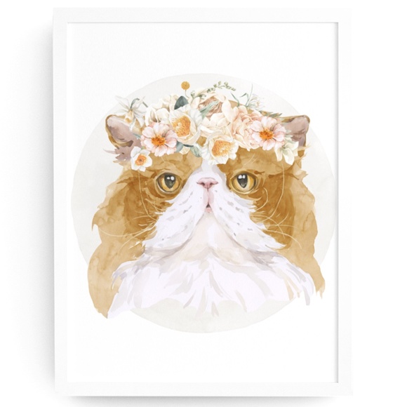 Art Watercolor Floral Persian Cat Wall Art Illustration Print Poster